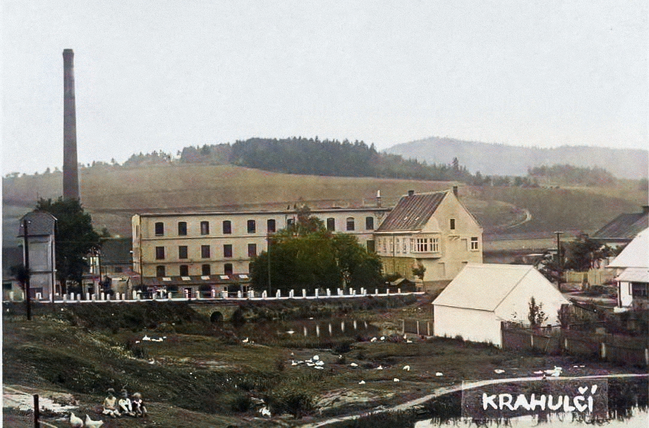 Historické foto masny v Krahulčí - kolorováno.